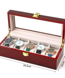 Boite de rangement montre en bois rouge 5 fentes