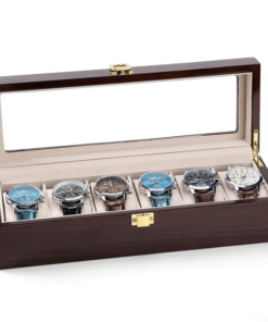Boite montre bois marron avec intérieur beige clair pour 6 emplacements